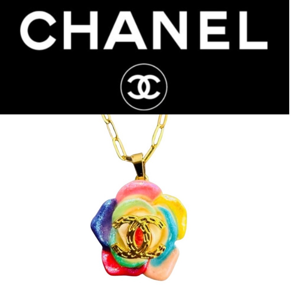 CHANEL Multicolored Charm w/Gold Monogram Upcycled on Golden Necklace, EUC